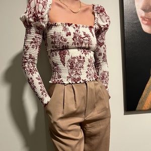 Reformation White and Maroon Print Long Sleeve Top - XS